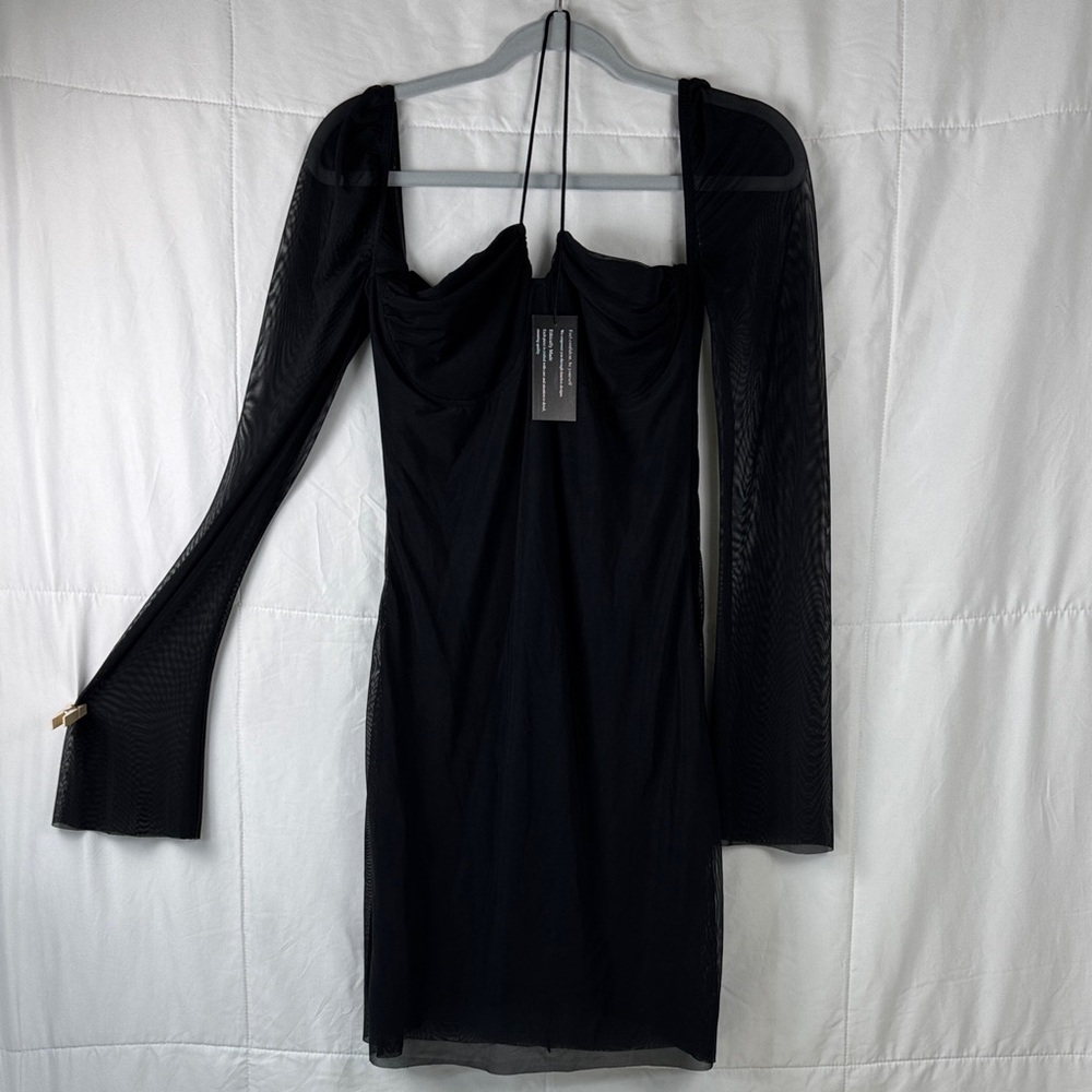 Black Mesh Sleeve Bodycon Dress Long Sleeve Sheer Size L